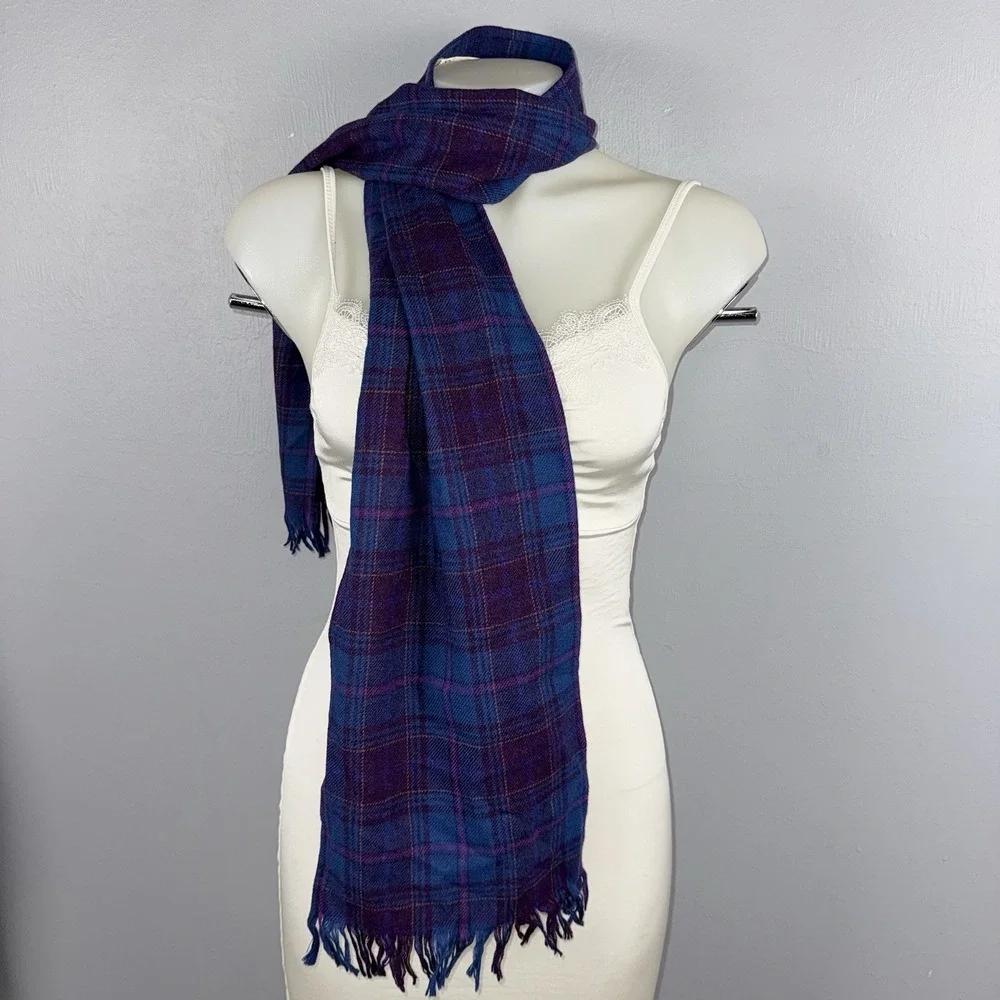 Pendleton Scarf Tartan Plaid Blue Purple 100% Virgin Wool Fringe Made in USA